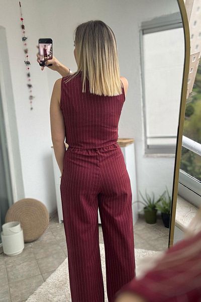 Kubos Moda Striped Burgundy Wide Leg Vest Trousers Set