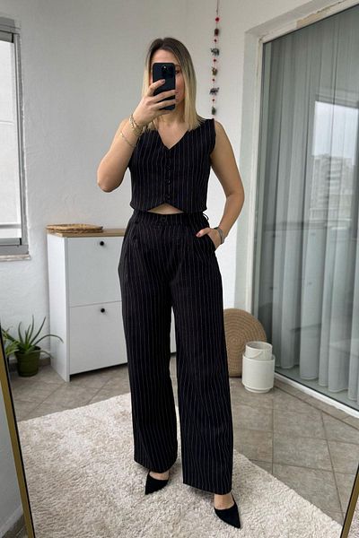 Kubos Moda Striped Black Wide Leg Vest Trousers Set