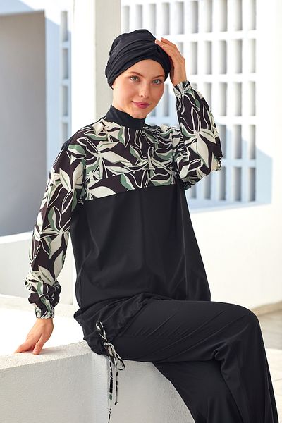 Adasea Sports Lycra Full Covered Hijab Μαγιό Shirı 1206 Μαύρο