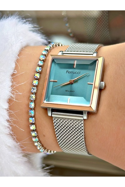 Ferrucci FERRUCCİ MAVİ KADRANLI GÜMÜŞ KESME CAMLI HASIR KADIN KOL SAATİ