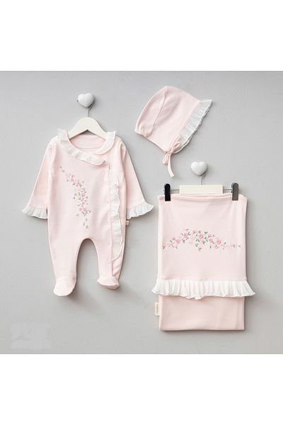Mert Baby طقم مستشفى مكون من 3 قطع مع تفاصيل دانتيل مطرزة بالزهور