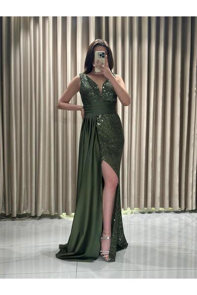 Kaleiçi Yıldızlar HAKİ Pul Payetli Yırtmaç Detaylı Pelerinli Balık Abiye Elbise GS7880