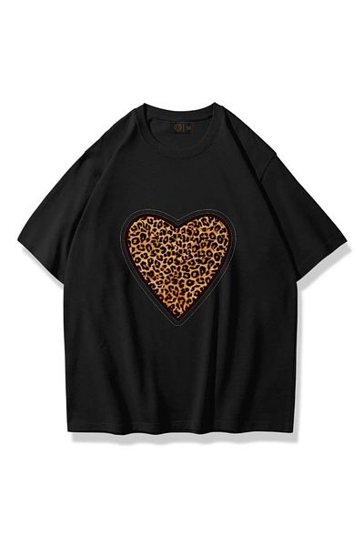JANSO GROUP - TRIOU UNISEX CU MÂNECI SCURTĂ LEOPARD CU IMPRIMARE DE INIMĂ BUMBAC OVERSIZE