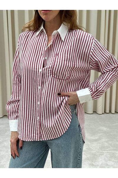 studiofashion قميص نسائي من القماش القطني بتصميم مميز مخطط باللون العنابي