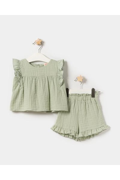 Minipodyum Baby Girl Ruffle Detailed Muslin Summer Double Set