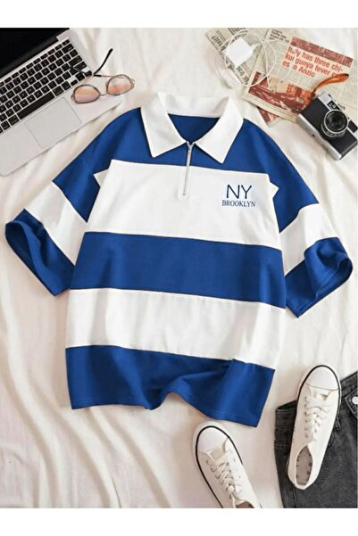 RASCHA Tricou pentru femei Indigo Striped NY B cu imprimeu cu fermoar cu gule...