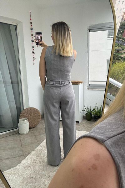 Kubos Moda Striped Gray Wide Leg Vest Trousers Set