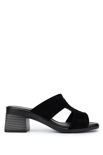Tamer Tanca Women's Genuine Leather Black Suede Heeled Slippers
