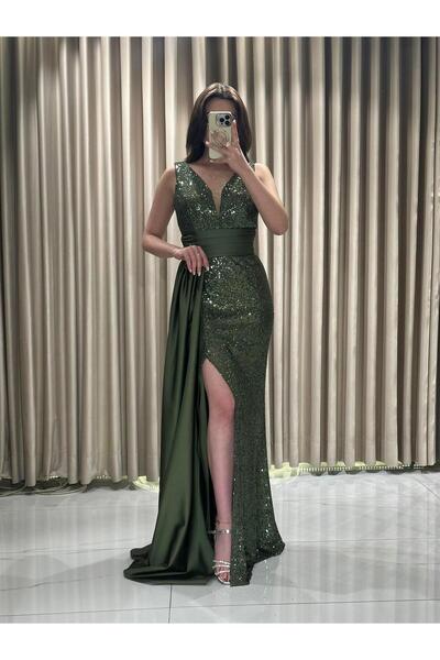 Kaleiçi Yıldızlar HAKİ Pul Payetli Yırtmaç Detaylı Pelerinli Balık Abiye Elbise GS7880