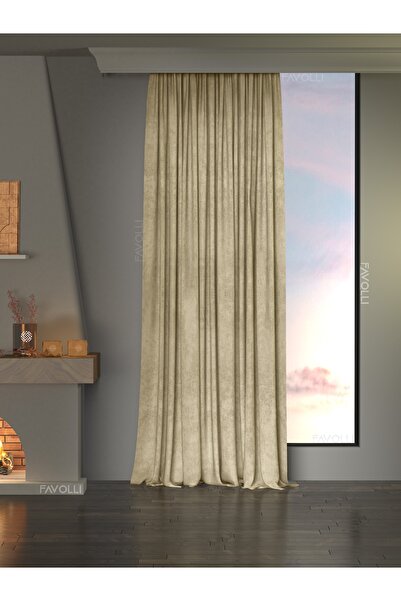 FAVOLLİ Velvet Textured Beige Color Pleated Island Background Curtain