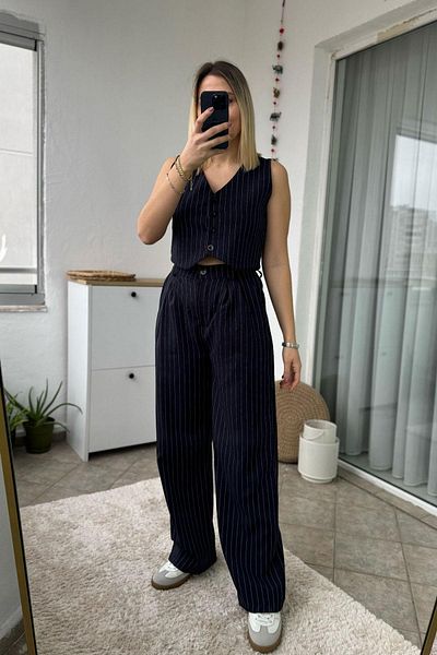 Kubos Moda Striped Navy Blue Wide Leg Vest Trousers Set