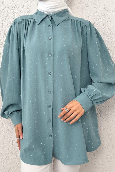 Salih Çelebi Stone Decorated Balloon Sleeve Shirt 2284 - Green