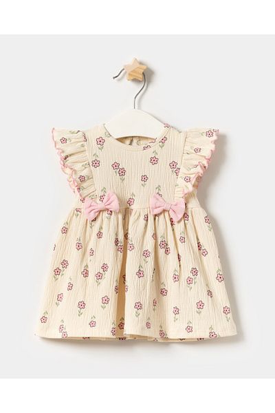 Minipodyum Baby Girl Bow Detailed Floral Knitted Muslin Summer Dress