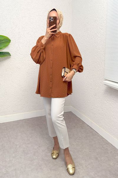 Salih Çelebi Stone Decorated Balloon Sleeve Shirt 2284 - Taba