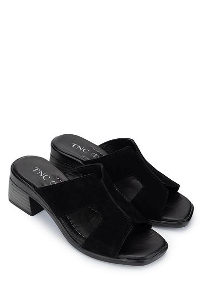 Tamer Tanca Women's Genuine Leather Black Suede Heeled Slippers