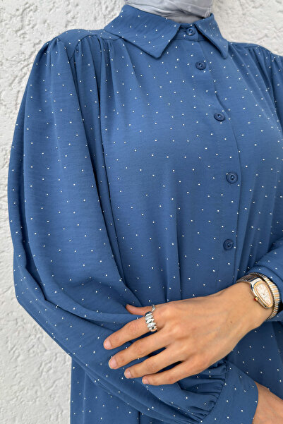 Salih Çelebi Stone Decorated Balloon Sleeve Shirt 2284 - Indigo