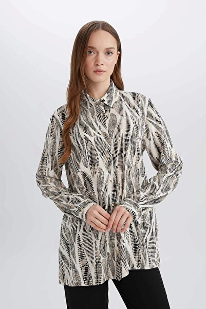 DeFacto E0786 Siyah Regular Fit Desenli Uzun Kollu Gömlek Tunik