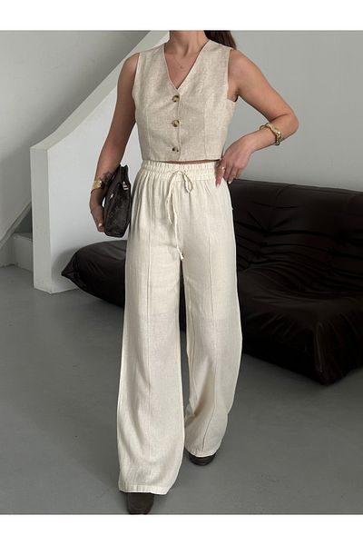 Laluvia Ecru 100% Linen Palazzo Trousers - 3455