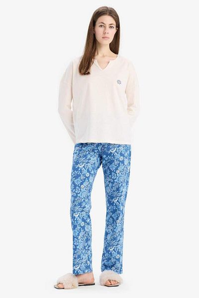 DeFacto New Season Pajama Set Long Sleeve Top Stretchy Waisted Long Bottom Six-Fall in Love