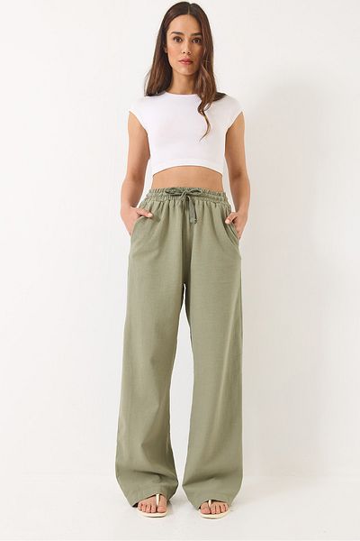 Bianco Lucci Women's Waisted Elastic Pocket Detailed Linen Palazzo Trousers R-6711 60283038