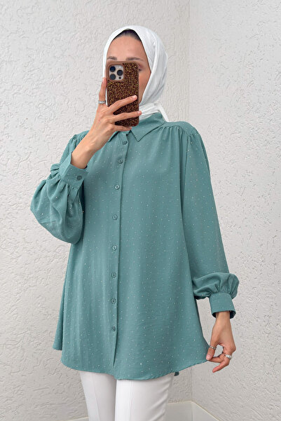 Salih Çelebi Stone Decorated Balloon Sleeve Shirt 2284 - Green