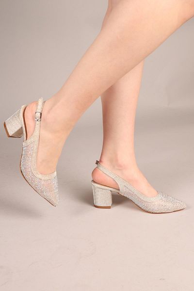 Birikon Saffi̇a Glitter and Stone Detailed Heeled Shoes Gold