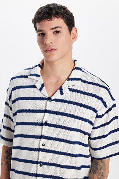 Tudors Ανδρικό πουκάμισο με ριγέ γιακά με ριγέ κοντό μανίκι, βαμβακερή πλεκτή...