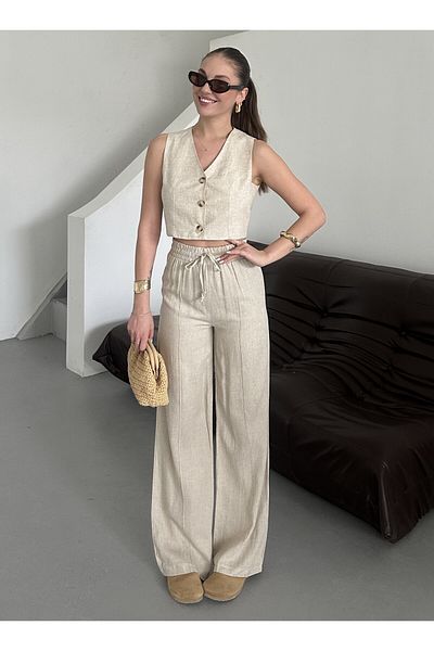 Laluvia Stone Palazzo-Hose aus 100 % Leinen – 3455