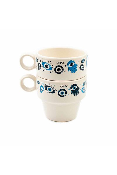 PALTO TASARIM Set of 2 Espresso Cups - Evil Eye Bead and Hamsa Themed, Gift Ceramic Cup