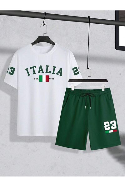 PENTHİLUS Men's Casual Summer Italian Letter Printed Short Sleeve T-Shirt Lace up Waist Shorts