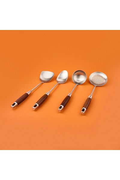 AROW Set of 4 Wooden Handle Ladles - Gray / Brown