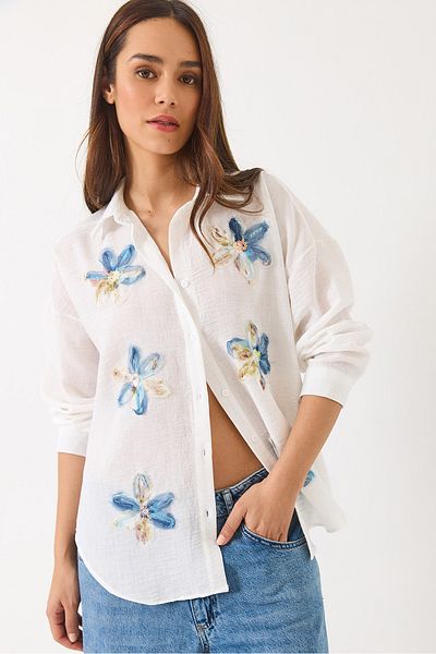 Bianco Lucci Women's Tulle Floral Accessory Long Sleeve Cotton Shirt 6526 60283057
