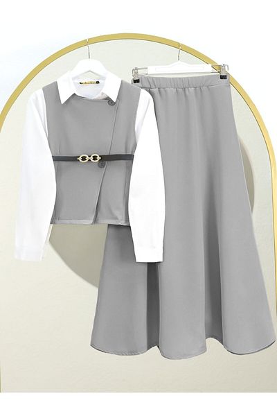 Modamorfo Gray Cross Button Vest and Skirt Set
