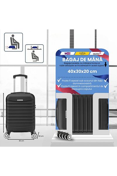 Quasar & Co. Troler De Cabina Line,40x30x20cm,troller Bagaj De Mana,valiza Cabina 4 Roti Detasabile,cifru,negru