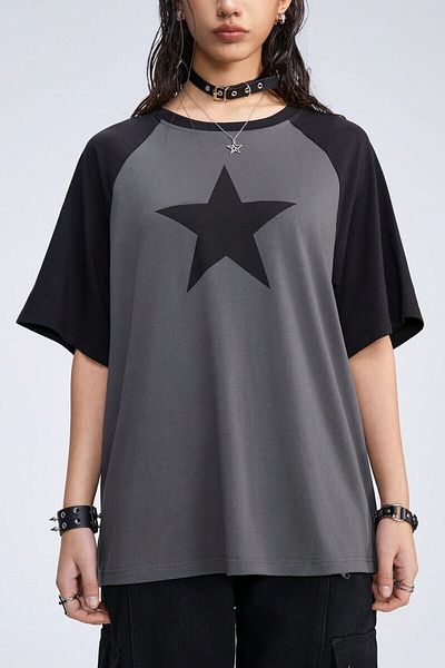 Trendseninle Μπλουζάκι Unisex Smoked Raglan Sleeve Crew Neck Star με στάμπα oversize