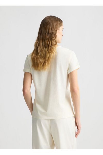 Liu Jo Women's 100% Cotton Regular Fit Ecru T-Shirt Round Neck Short Sleeve