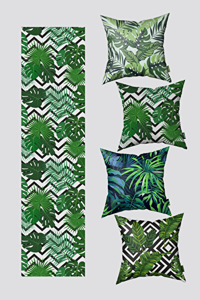 EsnafAli Πράσινο Tropical Leaf Pattern Σετ 4 ριχτάρι και Runner