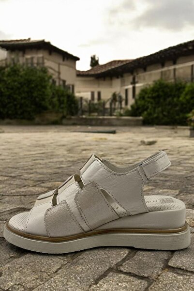 Mammamia D25Ys-5040 Cream Beige Glitter Genuine Leather Full Orthopedic Daily Women's Sandals