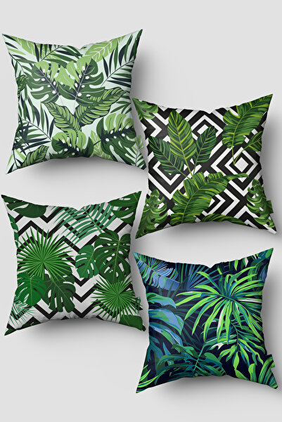 EsnafAli Set de 4 huse de pernă cu model de frunze tropicale verzi