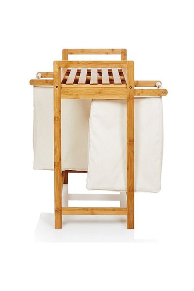 Quasar & Co. Laundry Basket, 2 Compartments And Top Shelf, Bamboo, Natural