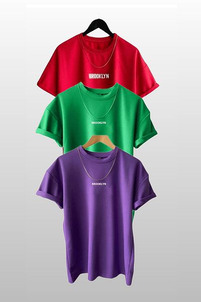 Trendseninle Μπλουζάκι Unisex Brooklyn Printed 3-pack Red-Green-Purple T-shirt