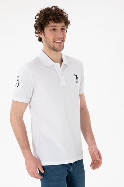 U.S. Polo Assn. تي شيرت رجالي ذو قصة ضيقة وياقة بولو باللون الأبيض الأساسي 50305929 -vr013