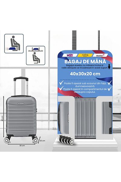 Quasar & Co. Troler De Cabina Line,40x30x20cm,troller Bagaj De Mana,valiza Cabina Roti Detasabile,cifru,argintiu