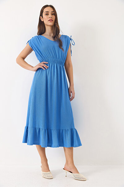 Bianco Lucci Women's Elastic Waist V-Neck Sleeve Dress with Tie Detail 3096 60284015