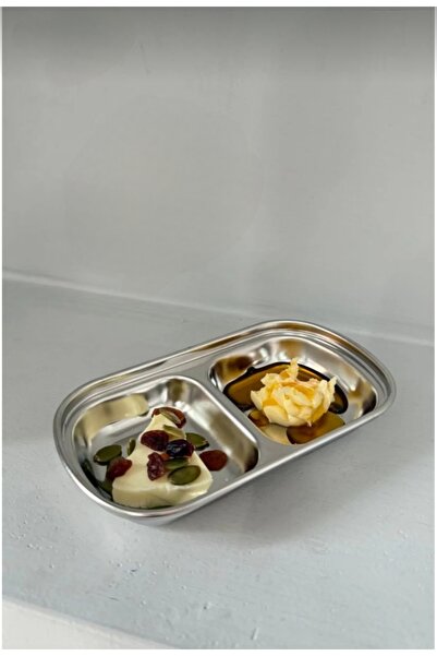 AHİR TİCARET 2 Compartment Steel Sauce Bowl Presentation Bowl Turkish Delight Bowl Snack Bowl 2 Compartment Steel Serving Presentation Bowl