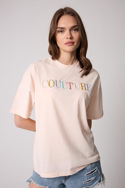 AMİDA Women's T-Shirt Puda Pink Culture Embroidered Oversize Basic - 2508