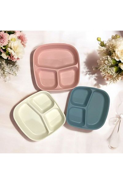 HOLLYHOME 3 Pieces 3 Compartment Plastic Breakfast Plate - for Picnic Camping Cookie Food Serving 21,5x23x3,5cm