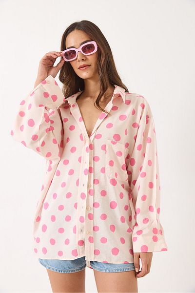Bianco Lucci Women's V-Neck Polka Dot Single Pocket Detailed Oversize Cotton Shirt 8212-6 60283053