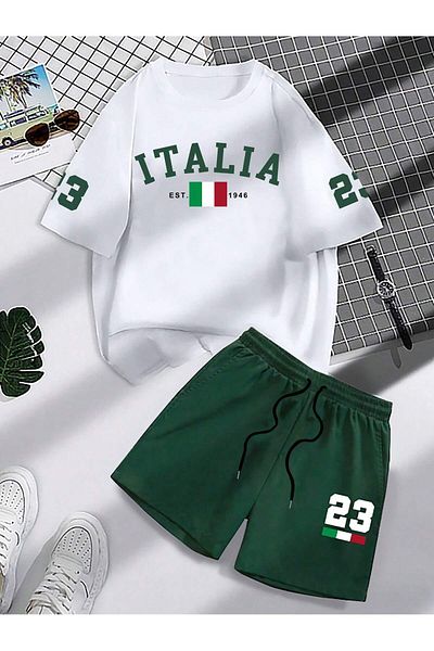 PENTHİLUS Men's Casual Summer Italian Letter Printed Short Sleeve T-Shirt Lace up Waist Shorts