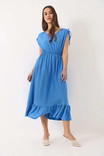 Bianco Lucci Rochie de damă cu talie elastică cu decolteu în V cu mâneci cu șireturi 3096 60284015